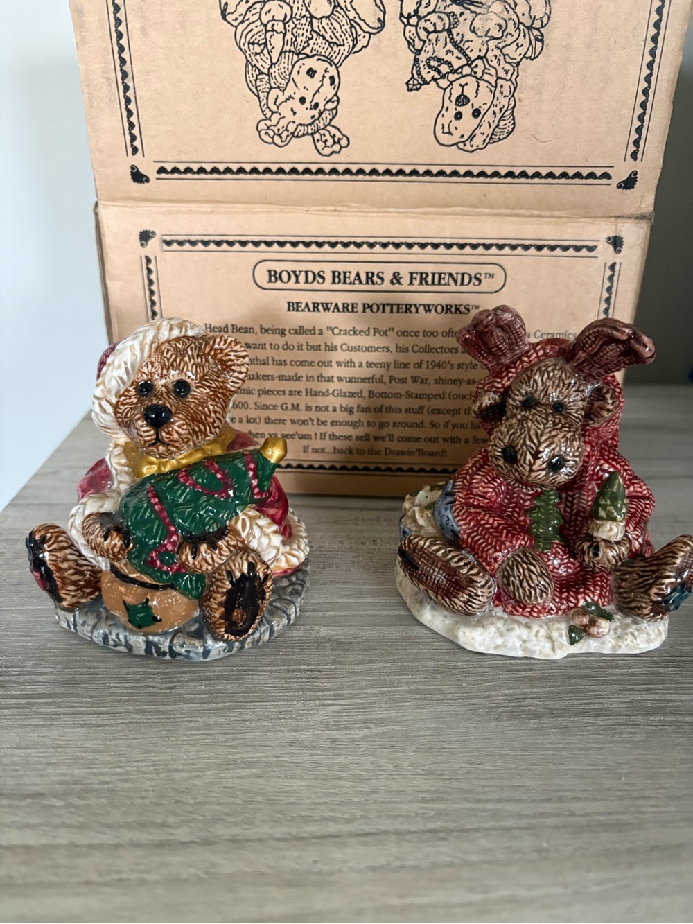 Boyds Bears Pottery Christmas Teddy Moose Figurines - Green & Red Sweaters